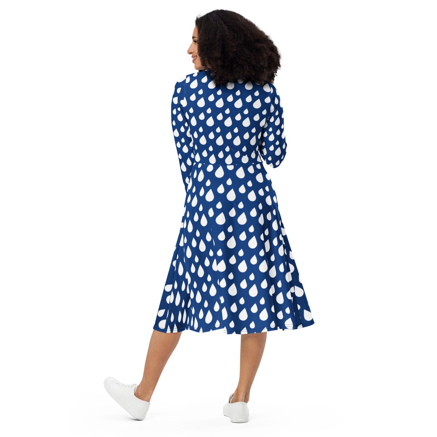 Blue and White Rain Drop Long Sleeve Midi Dress