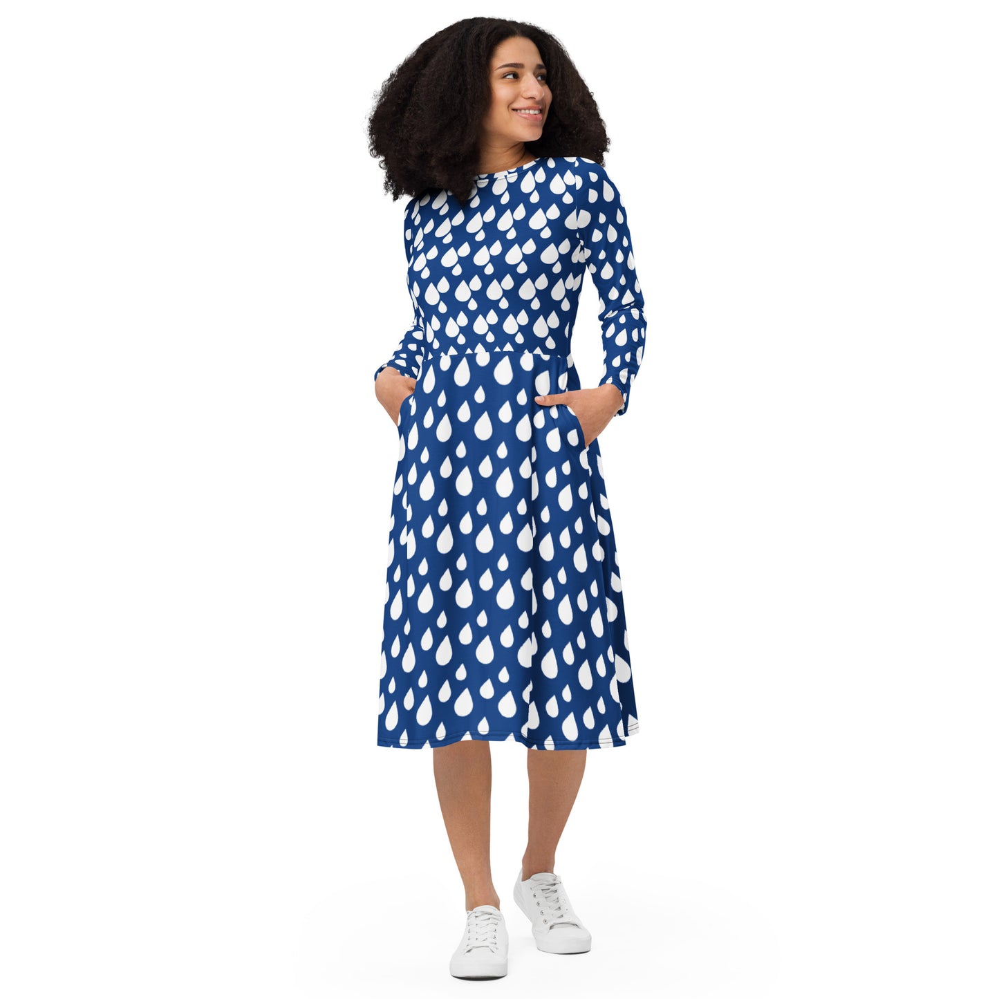 Blue and White Rain Drop Long Sleeve Midi Dress