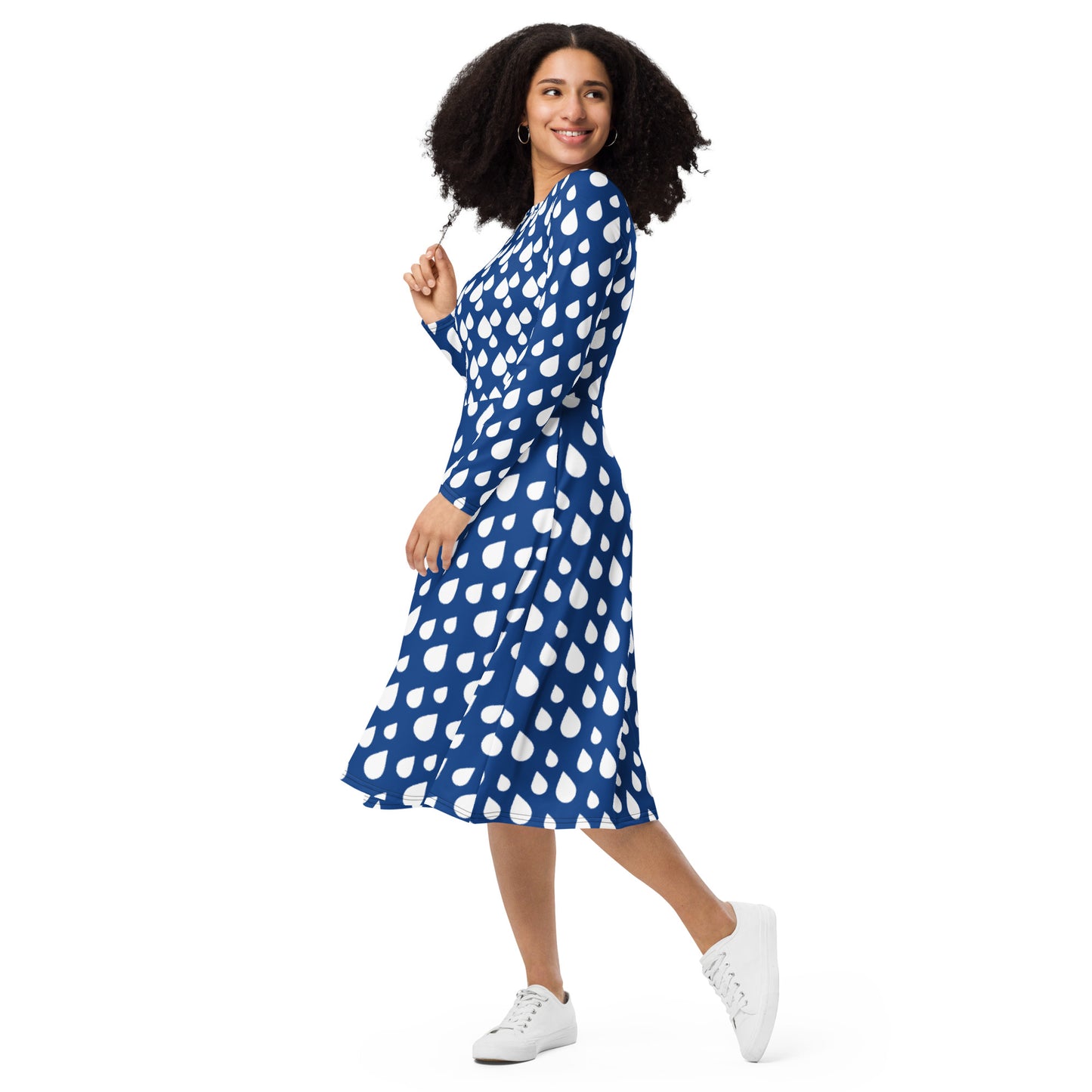 Blue and White Rain Drop Long Sleeve Midi Dress