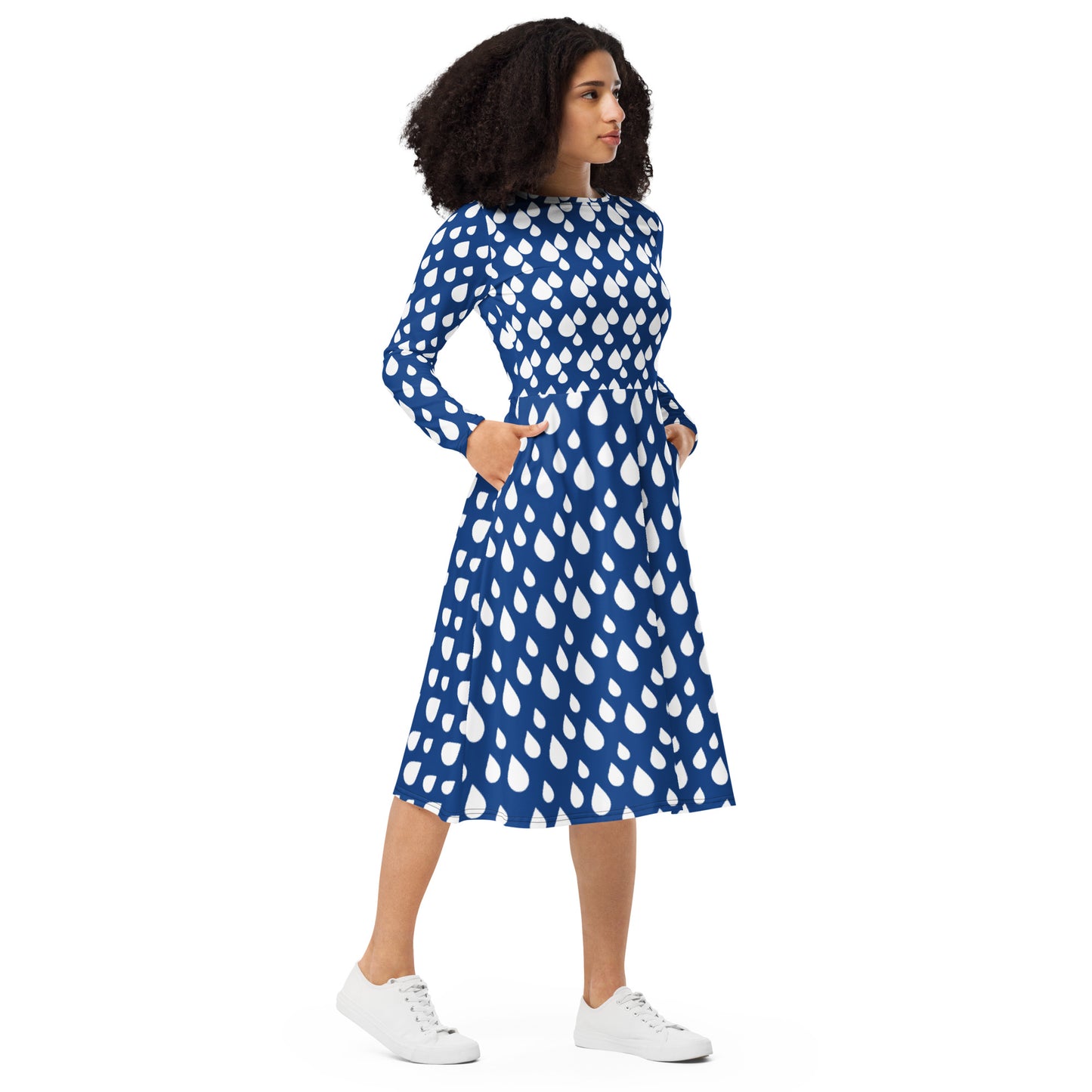 Blue and White Rain Drop Long Sleeve Midi Dress