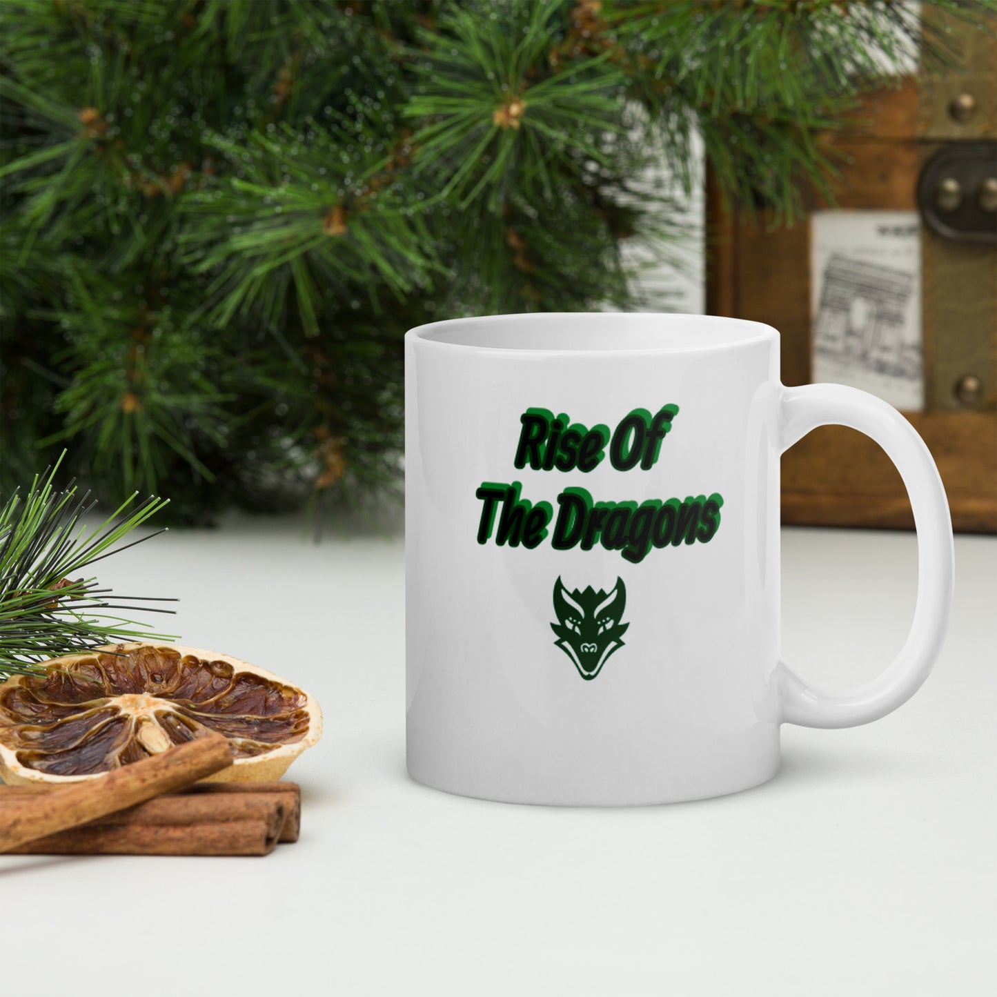 Rise of The Dragons White glossy mug