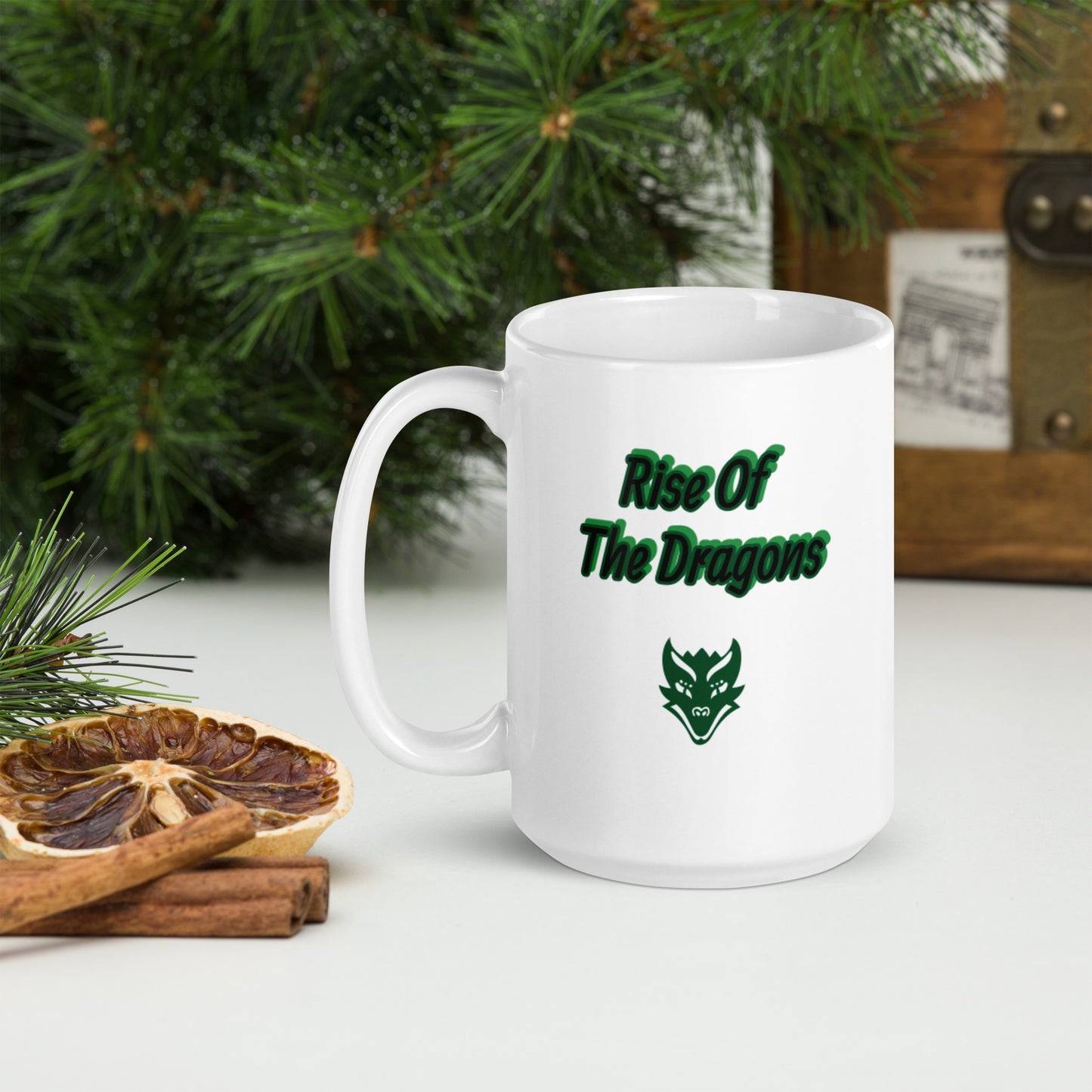 Rise of The Dragons White glossy mug