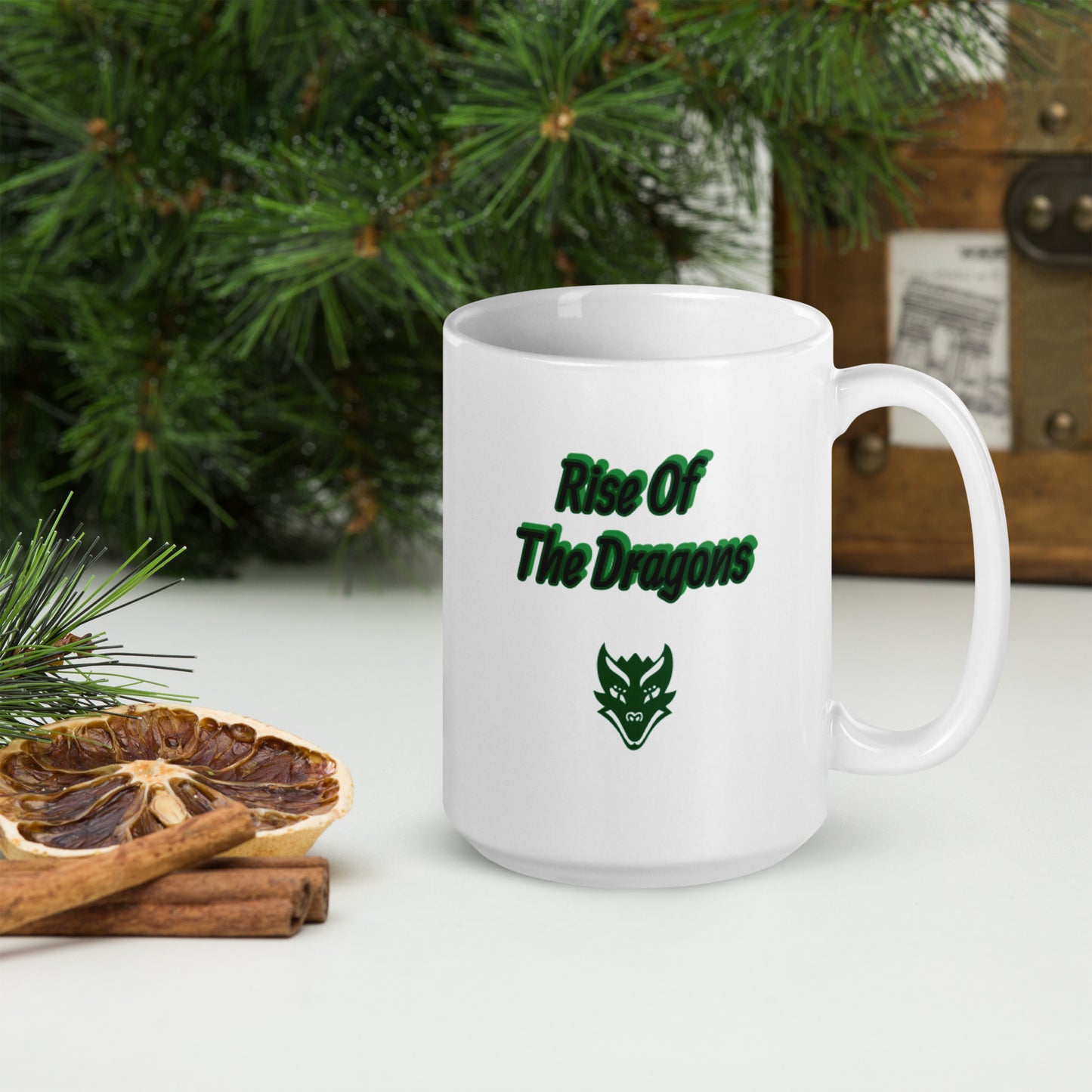 Rise of The Dragons White glossy mug